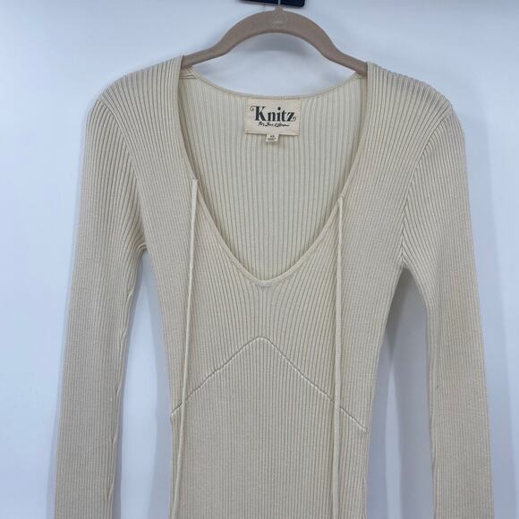 For Love & Lemons Knitz Delancey Mini Sweater Dress Ribbed Tie Neck Cream XS - Picture 4 of 13